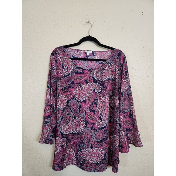 Talbots Traditional Paisley 3/4 Peplum Sleeve Classic Crepe‎ Popover Top Size 1X - Picture 1 of 7